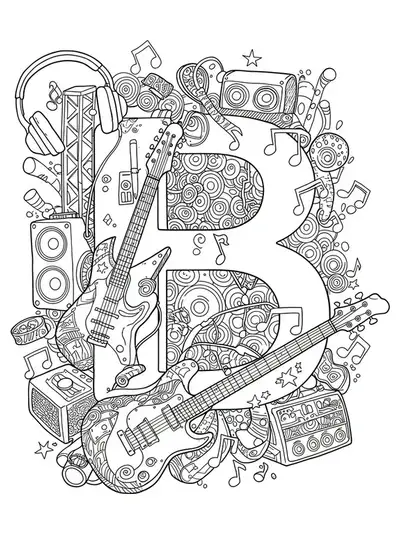 Letter B decorated with detailed music festival icons and instruments for teens