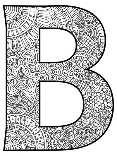 Letter B filled with intricate tribal mosaic patterns and geometric motifs for advanced adult coloring.