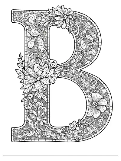 Letter B adorned with complex vintage lace and floral lacework patterns for intricate adult coloring.