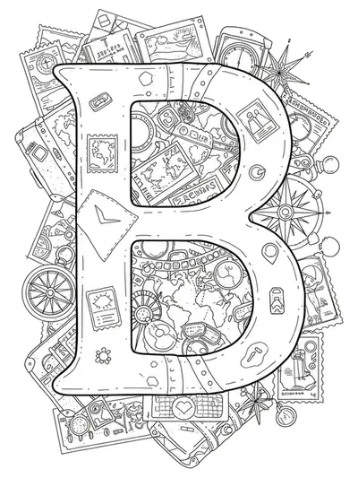 Adult coloring page with letter B surrounded by vintage travel icons like suitcases, compasses, and stamps.