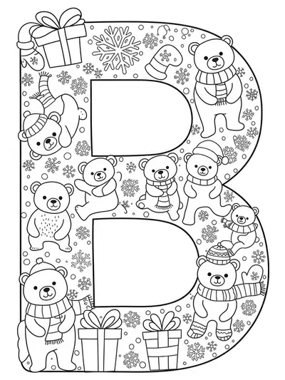 Line art of the letter B with winter bears, snowflakes, scarves, and mittens in a detailed winter scene.