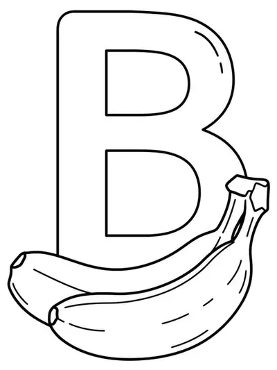 Large outlined letter B next to a bunch of three bananas with simple curves.