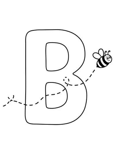 Big outlined letter B with a smiling cartoon bee flying beside it and a dotted flight path.