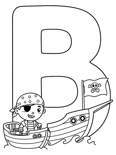 Large outlined letter B with a simple cartoon pirate boat and flag beside it.