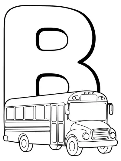 Big letter B with a simple cartoon school bus beside it facing right.