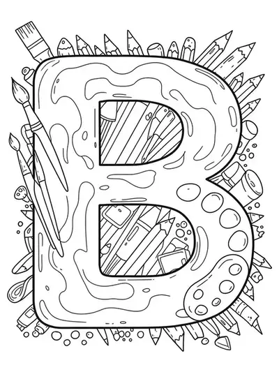 Letter B with easy drawings of art supplies for adult coloring.