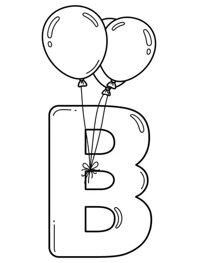 Outline drawing of a large letter B surrounded by three floating balloons with easy shapes.