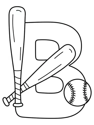 Large letter B with simple baseball and bat drawings, perfect for preschool children.