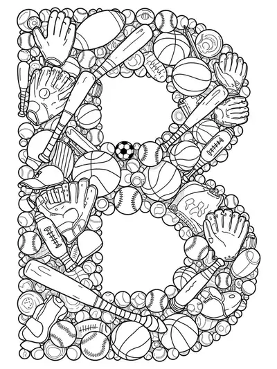 Letter B formed from detailed baseball bats, balls, gloves, and sports equipment for hard coloring.