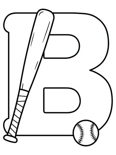 Large letter B with a simple baseball bat leaning against it and a ball beside it.