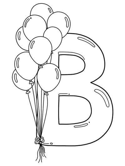 Coloring page with a large letter B surrounded by simple birthday balloons, suitable for young children.