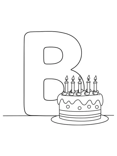 Large letter B with a birthday cake with candles and simple decorations beside it.