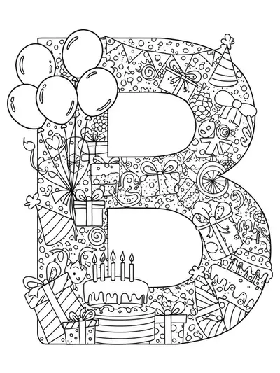 Letter B decorated with detailed birthday balloons, cake, presents, confetti, and party hats for coloring.