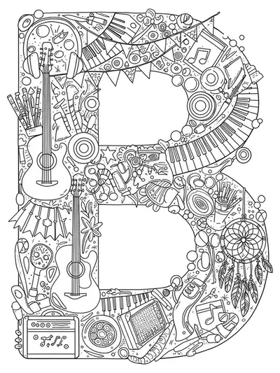 Letter B decorated with festival elements like guitars, headphones, music notes, and dreamcatchers.