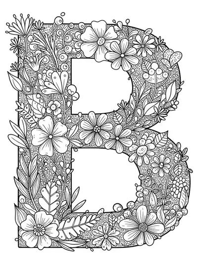 Intricate letter B filled with detailed botanical garden plants, flowers, leaves, and vines for coloring.