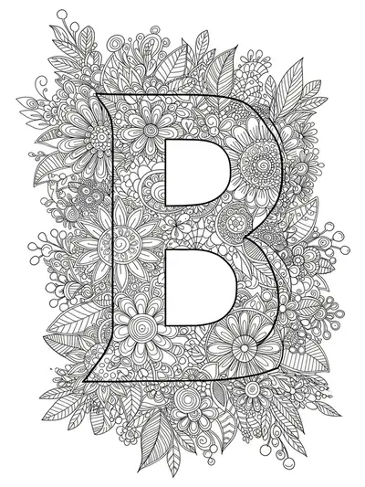 Letter B surrounded by mandala-style botanical leaves and flowers, outlined for coloring.