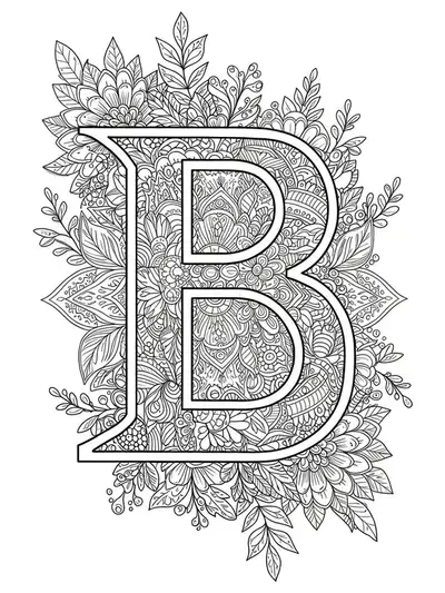 Complex botanical mandala tattoo-style letter B for teen coloring