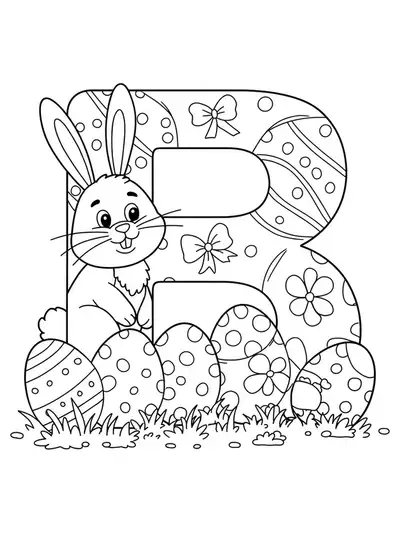 Coloring page with a large letter B, an Easter bunny, and big eggs, for preschoolers.