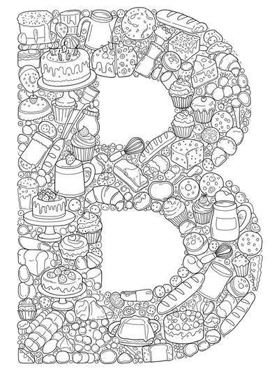 Letter B filled with intricate bakery items like cakes, cupcakes, cookies, bread, and baking tools for coloring.