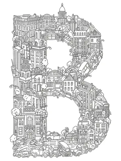 Letter B shaped from complex city buildings, vehicles, and city street details designed for advanced coloring.