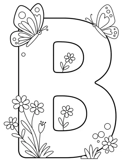 Large letter B with two flying butterflies and three simple flowers around it.