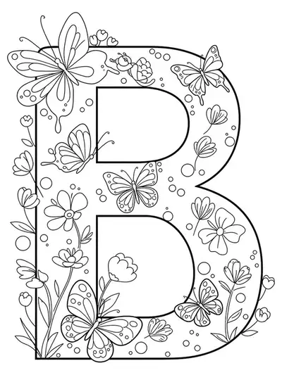 Large letter B surrounded by easy butterfly outlines and flowers, for preschool coloring.