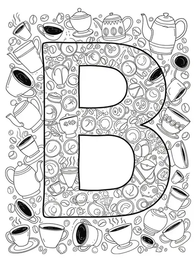 Letter B with coffee and tea elements in easy outlines for adult coloring.