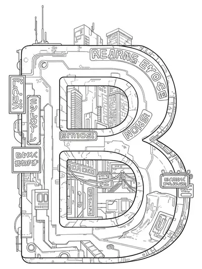 Intricate cyberpunk cityscape forming the letter B for teen coloring