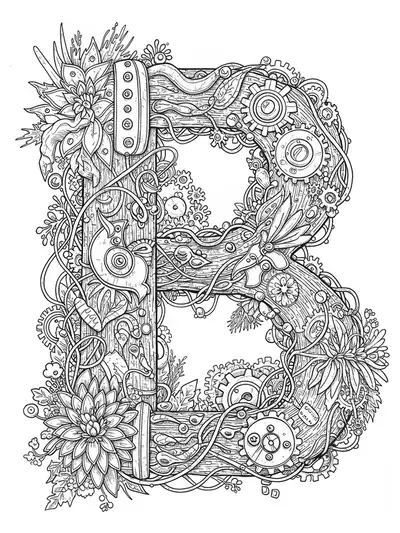 Letter B surrounded by complex steampunk gears and enchanted forest plants