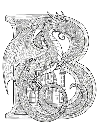 Letter B wrapped by a detailed dragon, with castle towers and magical fantasy patterns for coloring fun.
