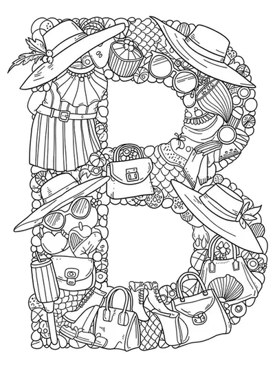 Letter B with easy outlines of fashion accessories for adult coloring.