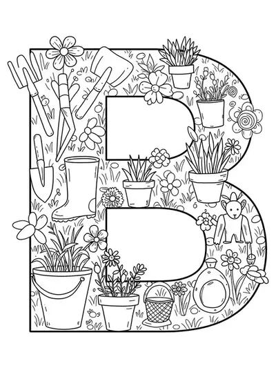 Letter B with gardening tools in easy outlines for adult coloring.