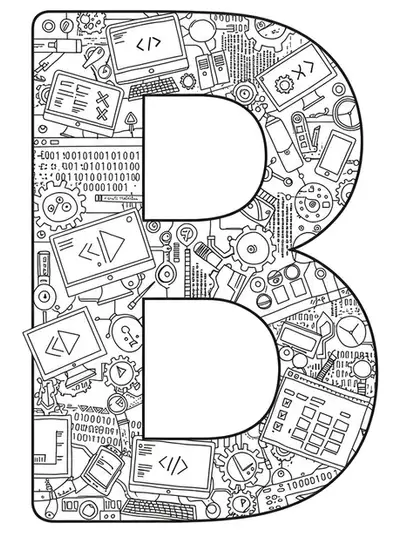 Letter B with computer screens, binary code, coding symbols, and tech icons integrated into the design.