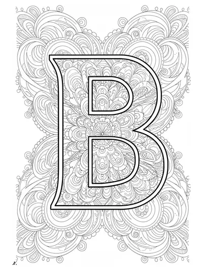 Easy mandala patterns with a large letter B for adult coloring.