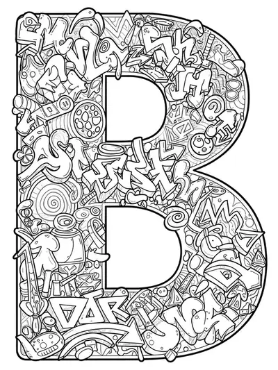 Letter B designed with detailed graffiti street art elements for teens