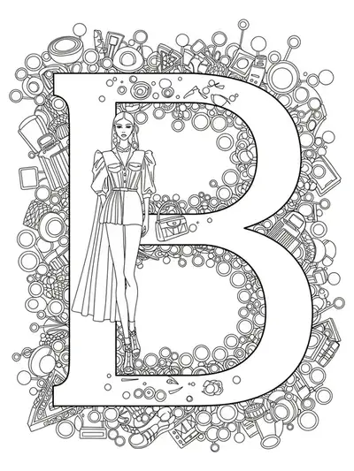 Letter B with detailed high-fashion runway elements for teen coloring