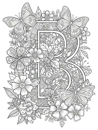 Letter B with detailed butterflies, flowers, and garden leaves in complex patterns for coloring.