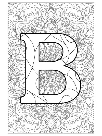 Letter B coloring page with easy geometric mandala designs around the letter.