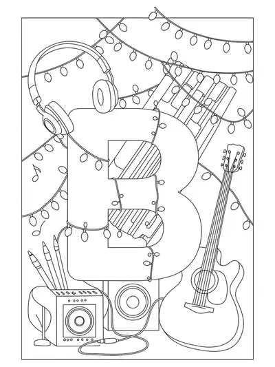Easy letter B coloring page decorated with music-themed elements like headphones, guitar, and stage lights.