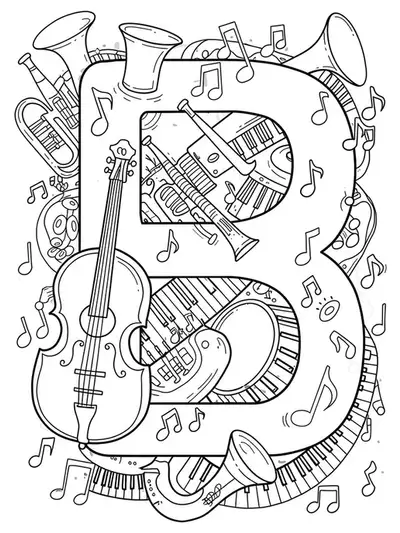 Easy letter B with musical instruments and notes for coloring, adult-friendly.