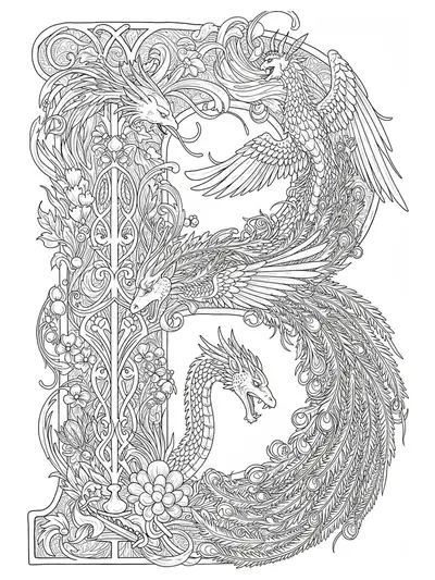 Letter B entwined with intricate Art Nouveau mythical creatures and patterns