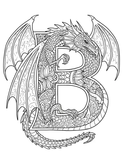 Letter B with stylized dragon scales, wings, and fire motifs wrapping around and through the letter.