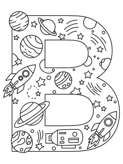 Adult coloring page with letter B and simple outer space elements.