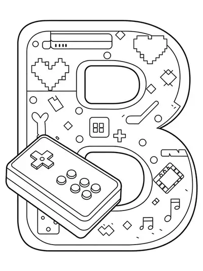 Letter B coloring page with outlines of arcade controller, pixel hearts, and 8-bit designs.
