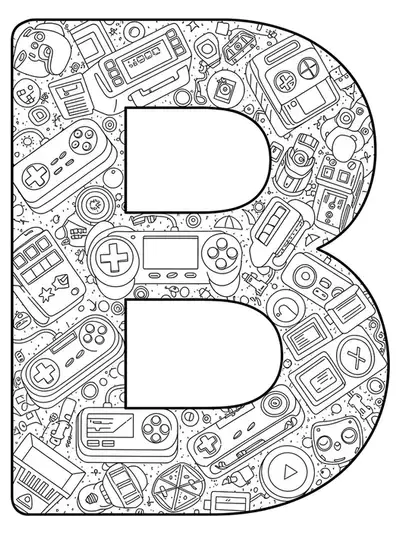 Letter B filled and surrounded by retro pixel art, controllers, and arcade machine elements.