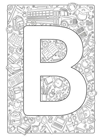 Letter B decorated with intricate details of a school bus, books, pencils, backpacks, and classroom supplies for coloring.