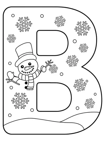 Large letter B with a simple snowman wearing a hat and scarf, and three snowflakes.