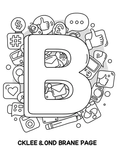 Letter B coloring page with outlined social media icons like hashtags, speech bubbles, and like buttons.