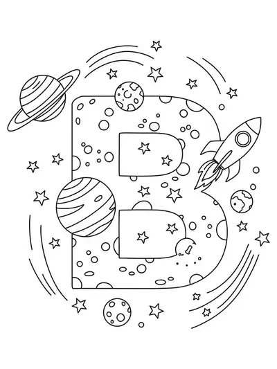Letter B coloring page with outlined planets, stars, and a rocket ship.
