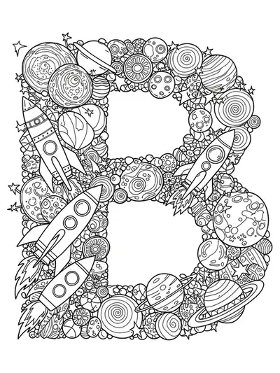 Letter B surrounded by detailed space and galaxy elements for teen coloring